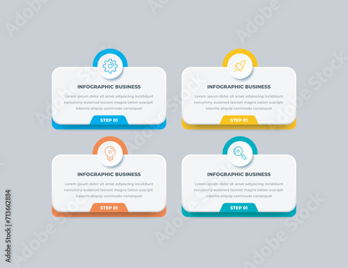 Business infographic design template with icons and 4 options or steps. Can be used for workflow, presentation, etc. Vector illustration