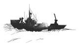 A ship navigating the sea, portrayed in a black and white vector illustration.