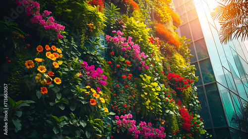 Flores vividamente coloridas e vegetação exuberante caem pelas laterais de altos edifícios urbanos criando um contraste impressionante contra o pano de fundo de concreto e aço photo