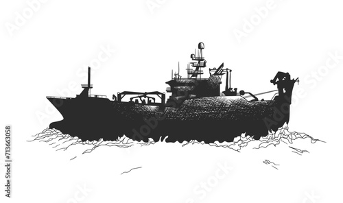 A ship navigating the sea, portrayed in a black and white vector illustration.