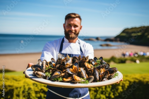 Normandy's Culinary Gem: A Platter of Moules Marinières Presented by a Skilled Chef, a Perfect Harmony of Plump and Juicy Mussels, White Wine, and Cream, Creating a Coastal Delight.