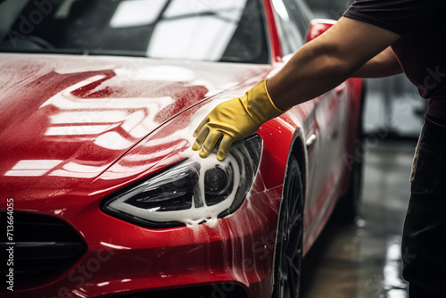 Red Sports Car Being Washed at a Professional Car Wash with Soap Dripping Down © Richard