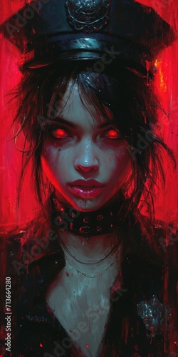 Painting of a Girl in a Police Uniform with Red Eyes in the Style of Gothic Black - Police Woman Queencore Background created with Generative AI Technology