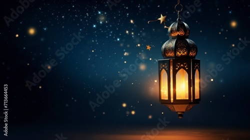 Ramadhan Kareem greetings. Islamic lantern in the night sky with crescent moon and stars. copyspace - generative ai  © Nia™