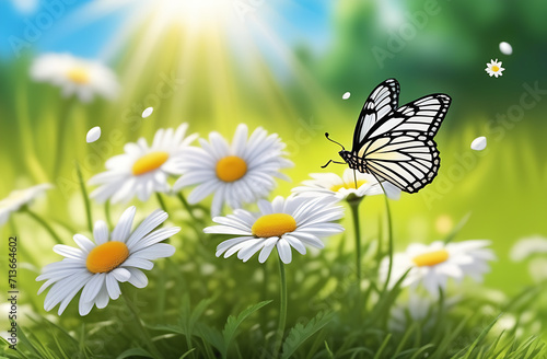 Cute summer illustration of a summer meadow, a butterfly sitting on a daisy flower, sunlight on a blue sky background, close-up © clairelucia