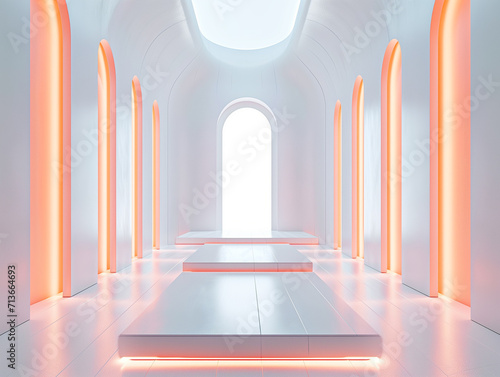 3d empty product display podium for presentations. A bright and airy futuristic corridor featuring sleek design with soft orange lighting, giving off a serene, modern vibe.
