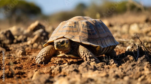 Desert Tortoise Among Rocks: Navigating Sahara's Harsh Terrain with Resilience.