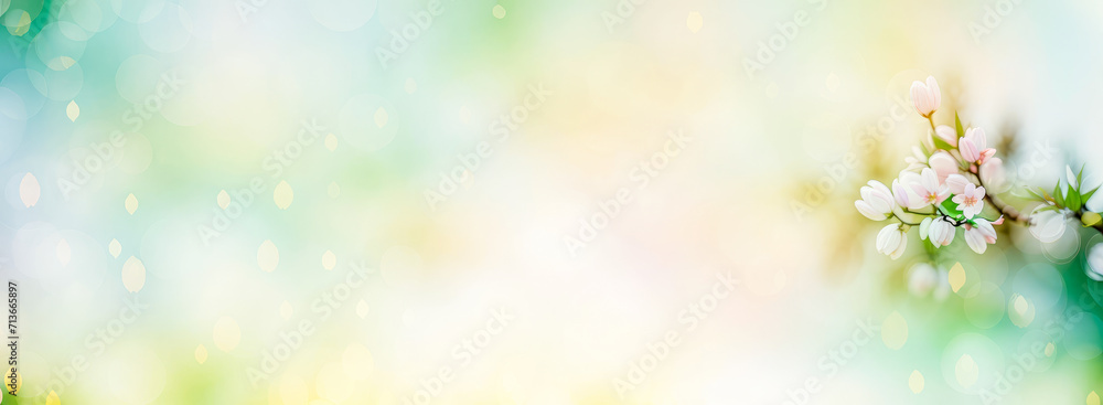 Springtime banner, blurred foilage and sky with bright bokeh. sunshine through blurred green trees, empty abstract summer or spring background banner with defocused lights and copy space Springtime banner, blurred foilage and sky with bright bokeh. sunshine through blurred green trees, empty abstract summer or spring background banner with defocused lights and copy space