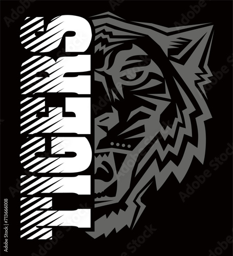 tigers team with half mascot face for school, college, or league sports