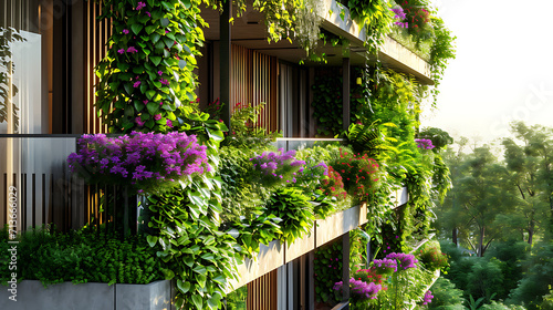 Verde exuberante transbordando das sacadas e jardineiras urbanas injetando explosões de vida nas fachadas monolíticas dos prédios da cidade