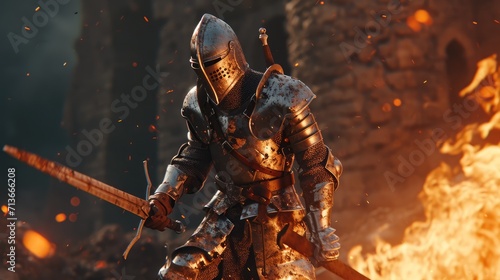 Epic Defender: A Brave Medieval Knight Wielding His Sword Amidst Flames on the Castle Battlement, Clad in Armor.