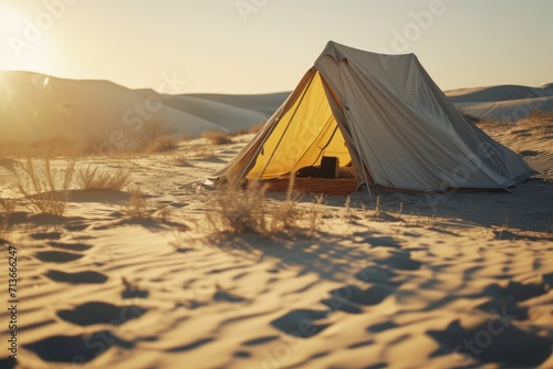Desert Retreat: A Couple Finds Tranquil Refuge Inside a Tent on a Sun-Drenched Plateau, Surrounded by Vast Sand Dunes. Embracing the Warmth and Romance of Nature's Isolation.