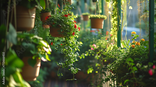 Folhagem verde vívida cai de vasos suspensos criando um oásis exuberante e convidativo na movimentada varanda urbana