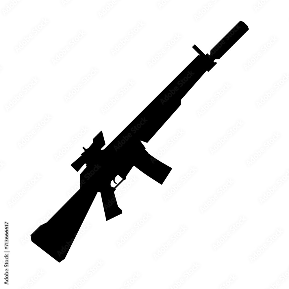 Assault rifle silhouette icon vector. Rifle gun silhouette for icon, symbol or sign. Rifle icon vector for weapon, military, army, arsenal or war Assault rifle silhouette icon vector. Rifle gun silhouette for icon, symbol or sign. Rifle icon vector for weapon, military, army, arsenal or war