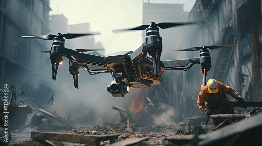 A high-tech drone hovers in a dusty, demolished urban area aiding a search and rescue worker on the ground amidst rubble.