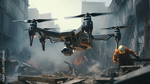 A high-tech drone hovers in a dusty, demolished urban area aiding a search and rescue worker on the ground amidst rubble. photo