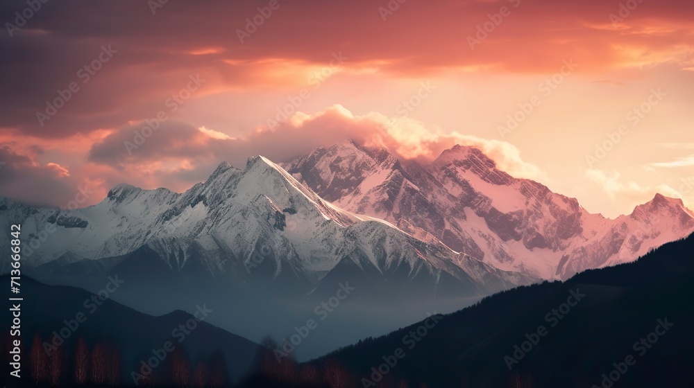 A breathtaking mountain landscape at sunset, with snow-capped peaks, a fiery sky, and a sense of awe and majesty, Photography A breathtaking mountain landscape at sunset, with snow-capped peaks, a fiery sky, and a sense of awe and majesty, Photography