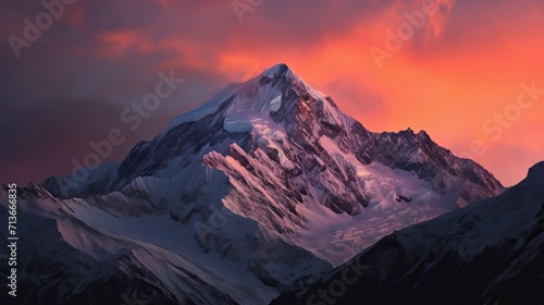 A breathtaking mountain landscape at sunset  with snow-capped peaks  a fiery sky  and a sense of awe and majesty  Photography