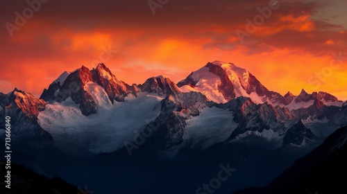 A breathtaking mountain landscape at sunset, with snow-capped peaks, a fiery sky, and a sense of awe and majesty, Photography