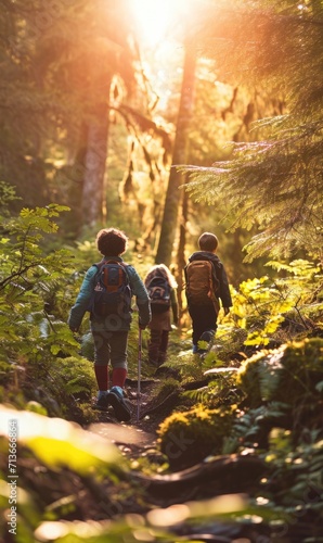 Discovering Nature: Children Hiking Through a Beautiful Forest, Exploring the Wild