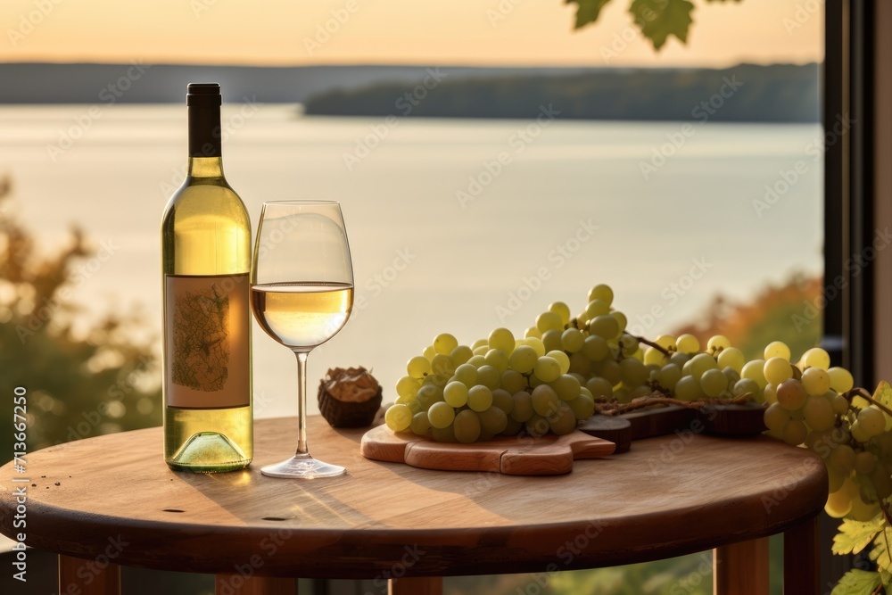 Wine Wonderland: Discovering Riesling's Delight in the Finger Lakes, New York, Where Bright Skies Cast a Natural Spotlight on a Table of Cool-Climate Grapes and a Contemporary Wine Glass.

