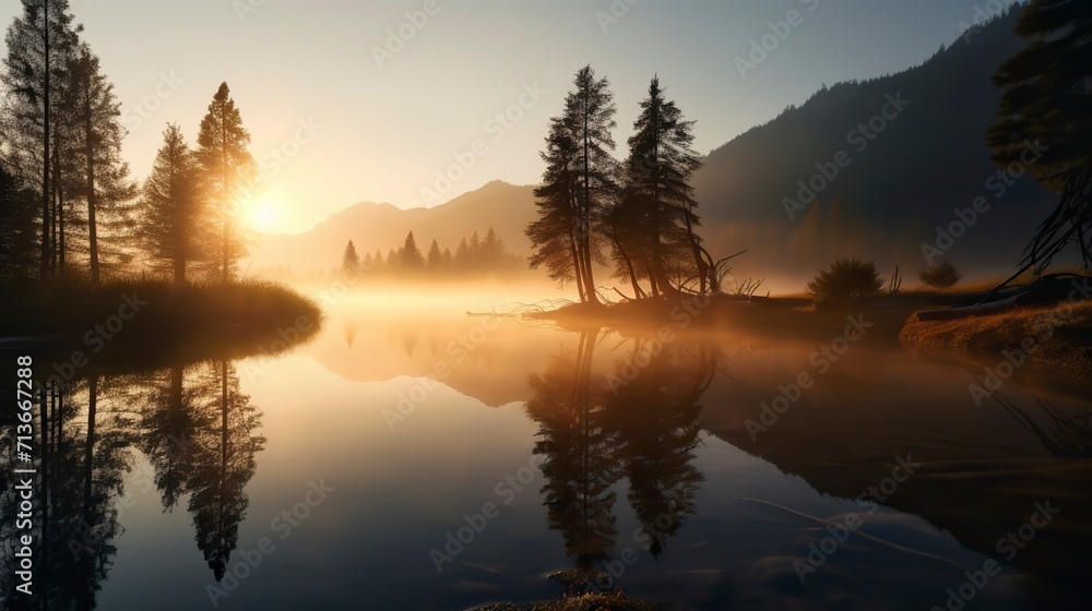 A breathtaking sunrise over a serene mountain lake, with mist rising from the water, pine trees on the shore, and a feeling of tranquility and awe, Photography  - obrazy, fototapety, plakaty 
