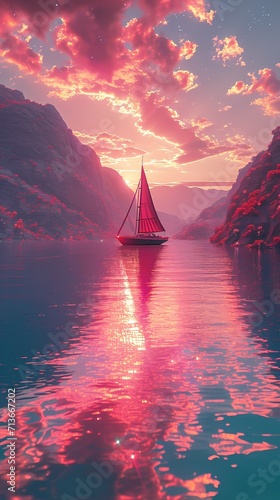 sailboat at pink sunset with landscape background for wall art, wallpaper, poster, banner