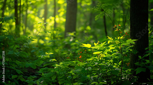 Folhas verdes vivas desdobram-se em uma floresta banhada pelo sol lançando sombras delicadas no chão da floresta