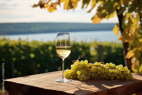 Wine Wonderland: Discovering Riesling's Delight in the Finger Lakes, New York, Where Bright Skies Cast a Natural Spotlight on a Table of Cool-Climate Grapes and a Contemporary Wine Glass.

 photo
