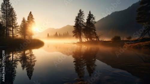 Fotografering A breathtaking sunrise over a serene mountain lake, with mist rising from the wa