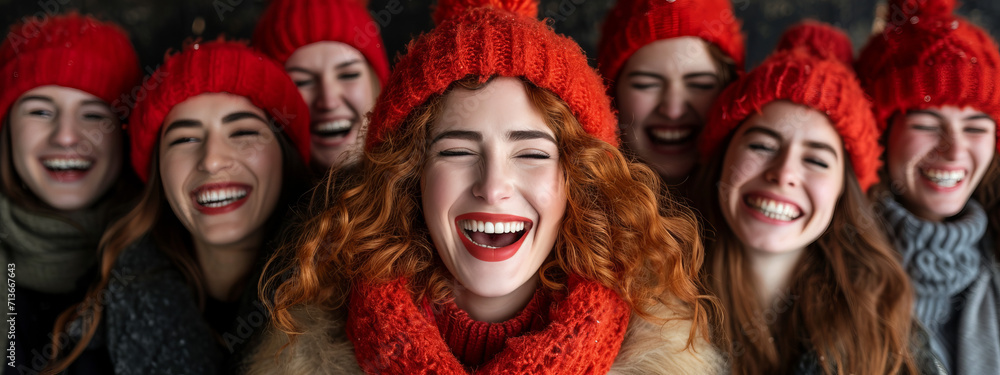 Crimson Symphonies, An Ensemble of Vibrant Red Hats and Scarves Paints the Winter Landscape