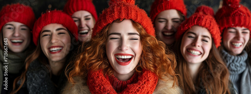 Crimson Symphonies, An Ensemble of Vibrant Red Hats and Scarves Paints the Winter Landscape