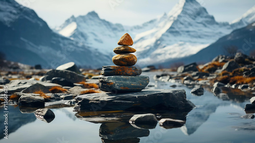 Stack of zen stones with mountain and river backgrounds