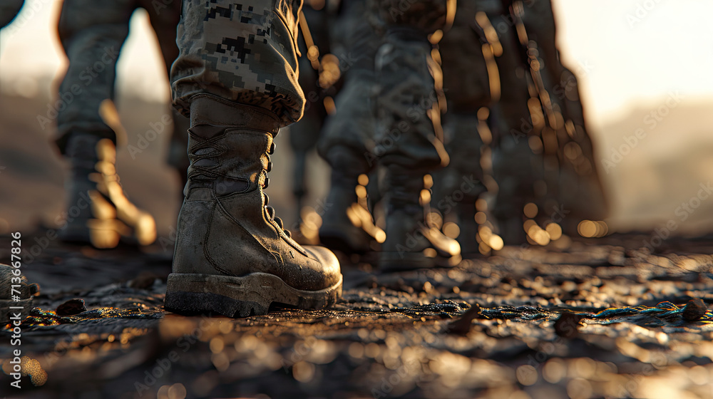 a close-up of the boots of a group of soldiers walking across a muddy field. The soldiers are positioned in a line, with some closer to the foreground and others further back. - obrazy, fototapety, plakaty 