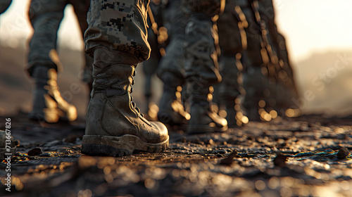 a close-up of the boots of a group of soldiers walking across a muddy field. The soldiers are positioned in a line, with some closer to the foreground and others further back.