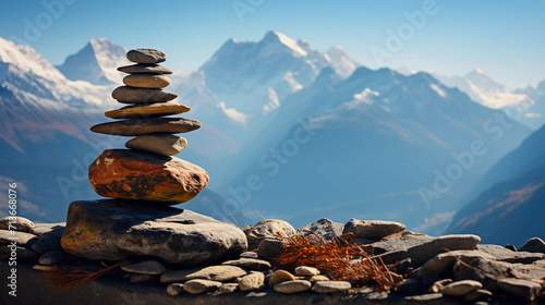 Stack of zen stones with mountain and river backgrounds