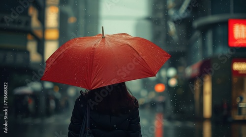 A woman uses an umbrella in rainy day  blurred city background.