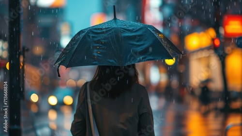 A woman uses an umbrella in rainy day, blurred city background.
