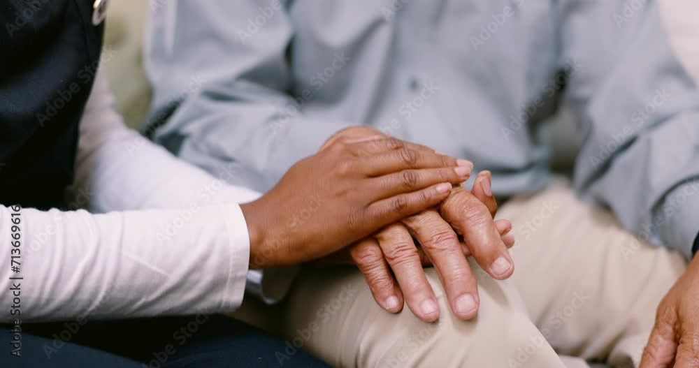 Holding hands, senior person and nurse with comfort, care or support in grief, mental health or anxiety in home. Caregiver, doctor and elderly patient with empathy, kindness and closeup in retirement Holding hands, senior person and nurse with comfort, care or support in grief, mental health or anxiety in home. Caregiver, doctor and elderly patient with empathy, kindness and closeup in retirement