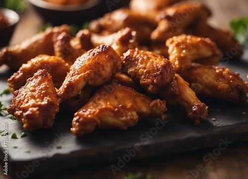 Fried chicken wings with spicy sauce on wooden table, closeup