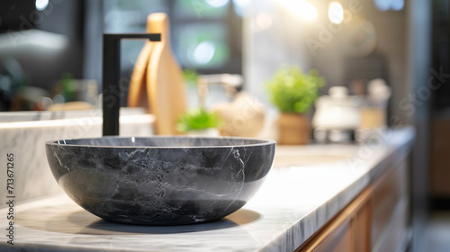 Marble pedestal on blurred kitchen counter sink for product display