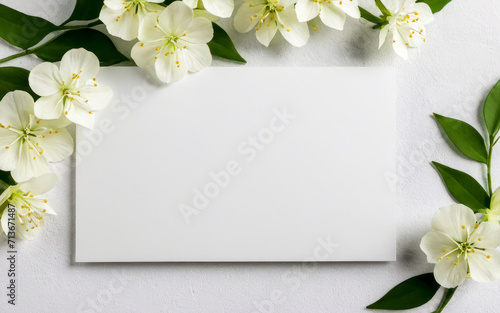 Blank greeting paper card  invitation mockup scene top view with white flowers. Elegant stationery on white table background