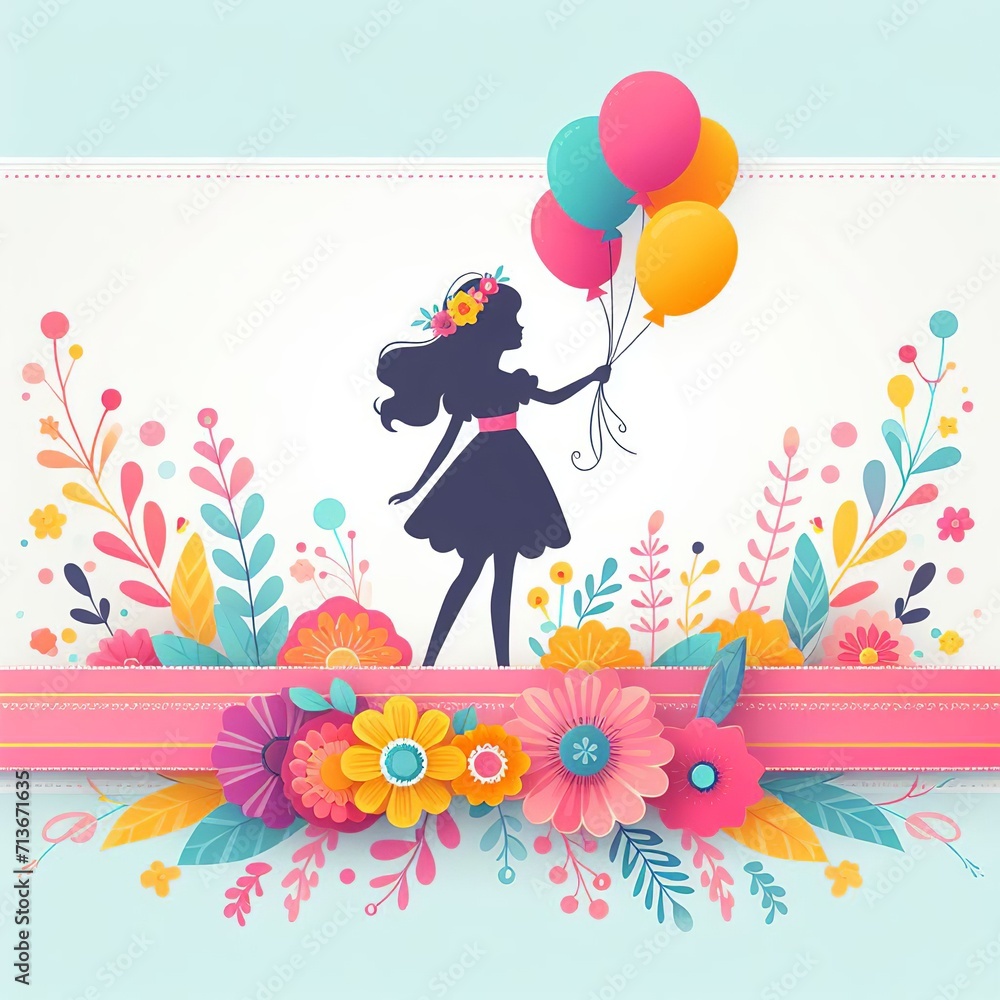 Cute little girl with balloons and flowers on floral background. Cute little girl with balloons and flowers on floral background.