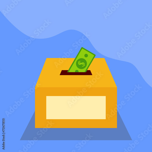 Vector illustration of charity box, alms or humanitarian aid with dollars for social media post, flayer, and poster. Copy space.