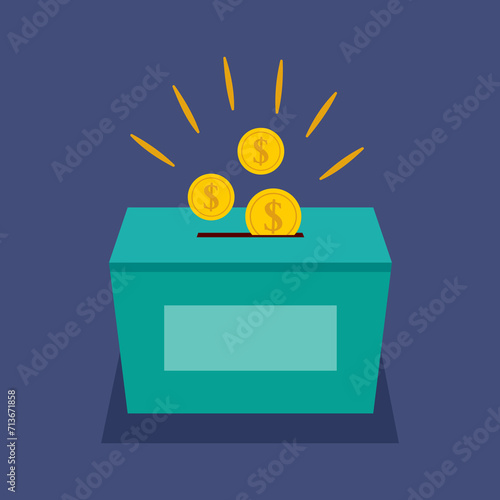 Vector illustration of charity box, alms or humanitarian aid with dollars for social media post, flayer, and poster.