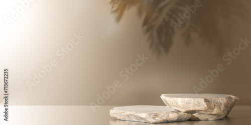 Quadro su tela Two Exhibition Podium, stand, on pastel beige background for premium product