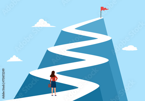 Businesswoman walking to the success flag on top of the mountain. Route to success. Leadership concept.