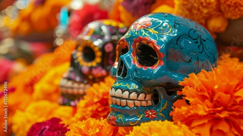 Colorful Skulls on a Bed of Flowers