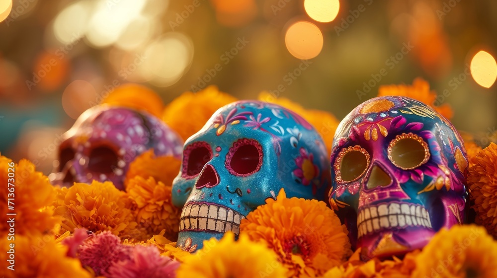 Three Colorful Skulls Amidst a Pile of