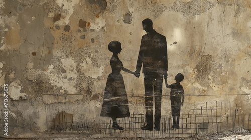 The shadows of a family interlocked, holding hands, cast upon the worn old wall of a house
